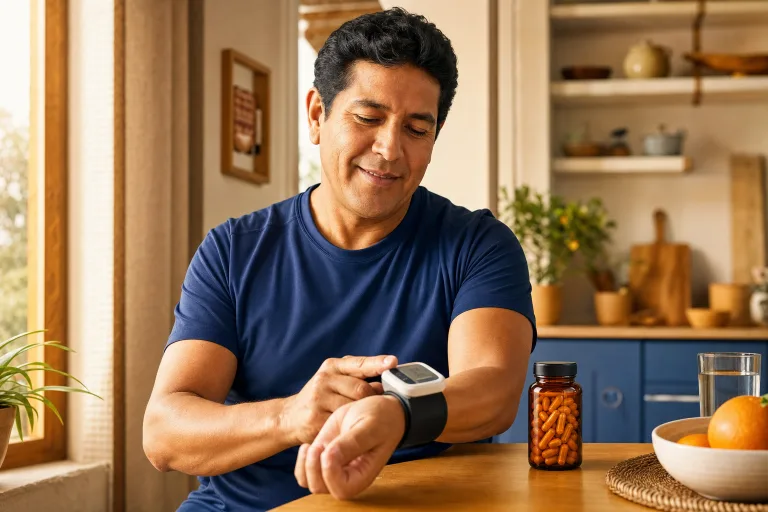 Persona controlando su presión arterial en casa con tranquilidad, junto a cápsulas Cardiwell